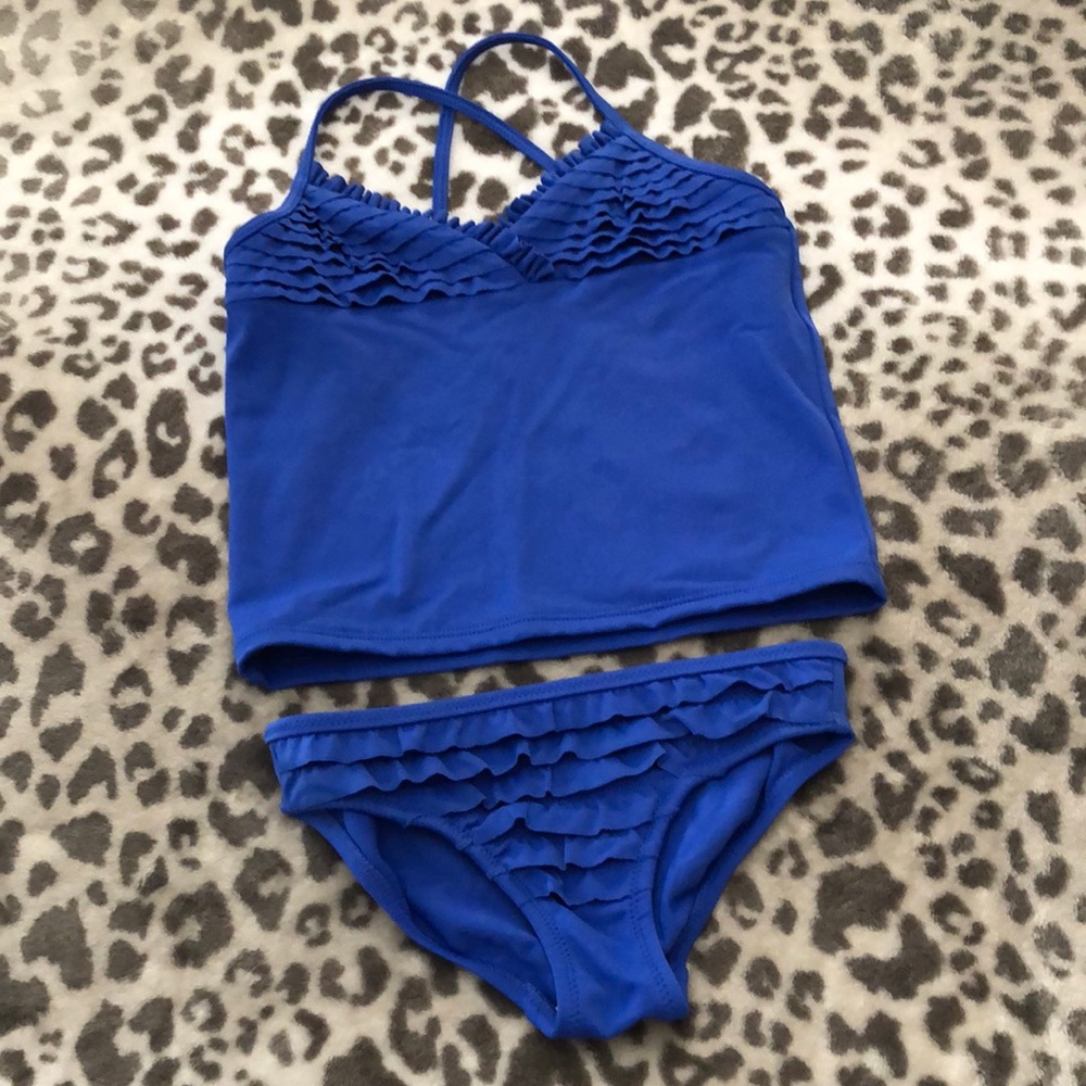 Lands’ End Kids Girls Ruffle Two Piece Swimsuit in Blue Size 5